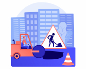 Road works abstract concept vector illustration. Road construction and repair, restricted driving conditions, partly motorway closure, detour due to works, speed limit sign abstract metaphor.