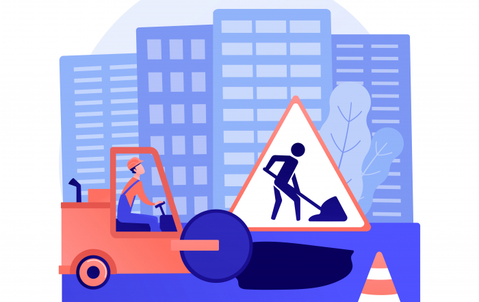 Road works abstract concept vector illustration. Road construction and repair, restricted driving conditions, partly motorway closure, detour due to works, speed limit sign abstract metaphor.