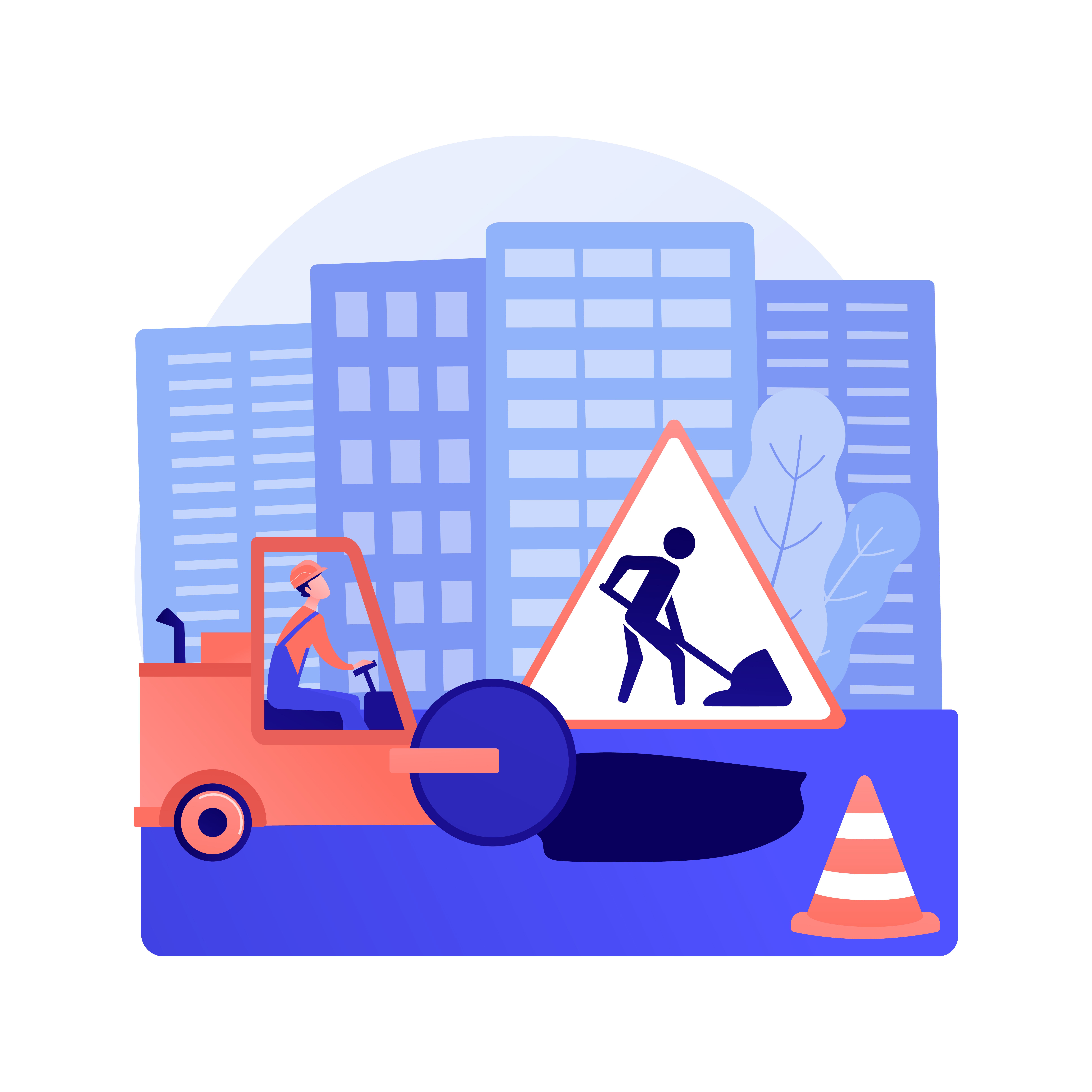 Road works abstract concept vector illustration. Road construction and repair, restricted driving conditions, partly motorway closure, detour due to works, speed limit sign abstract metaphor.