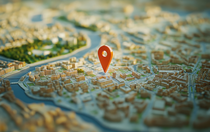 A detailed 3D urban landscape showcases buildings and streets with a bright location pin pointed out, indicating a significant area near the river in daylight.