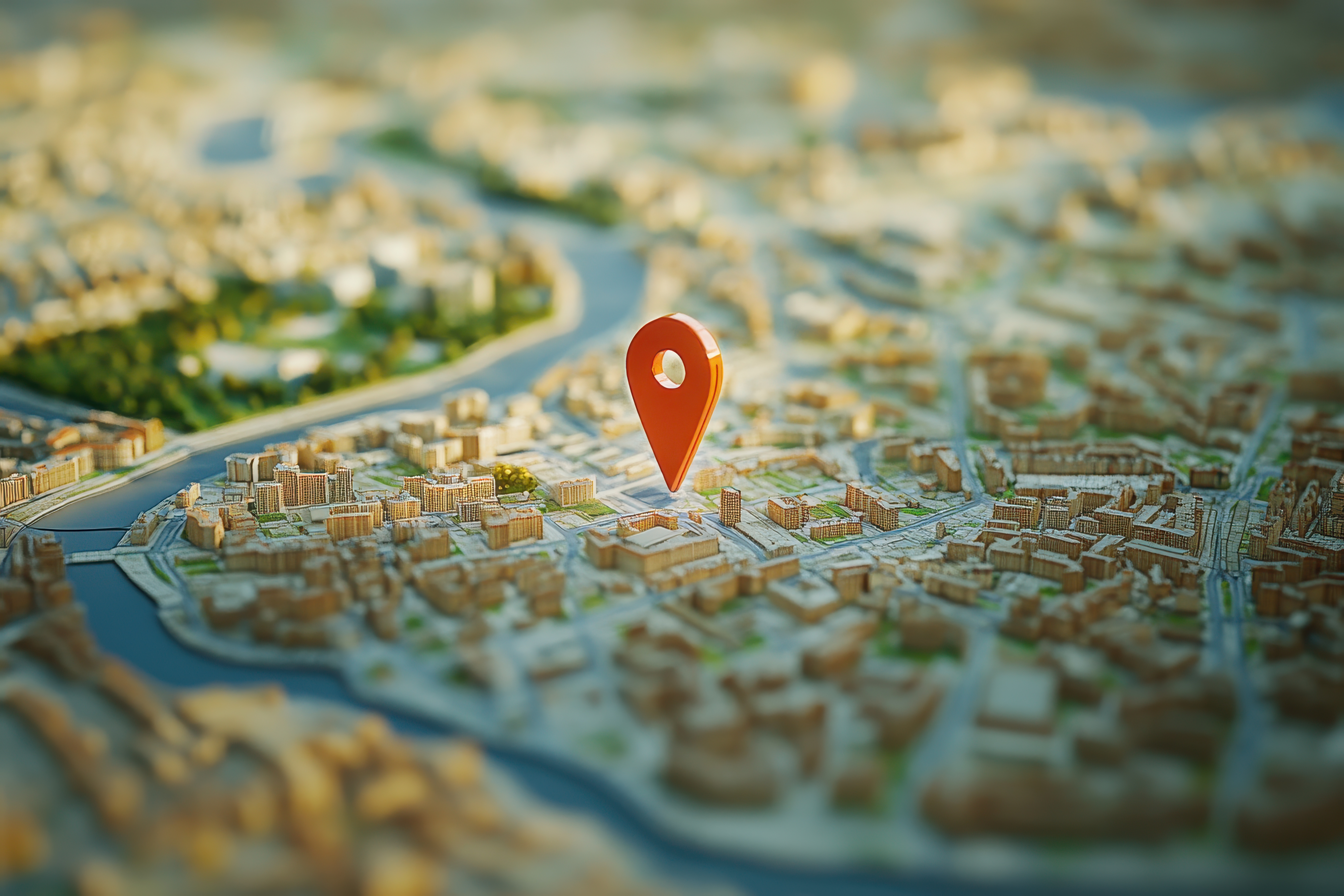 A detailed 3D urban landscape showcases buildings and streets with a bright location pin pointed out, indicating a significant area near the river in daylight.