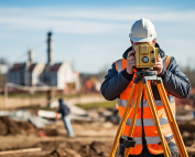 Surveyor builder Engineer with theodolite transit equipment at construction site outdoors during surveying work with generative ai