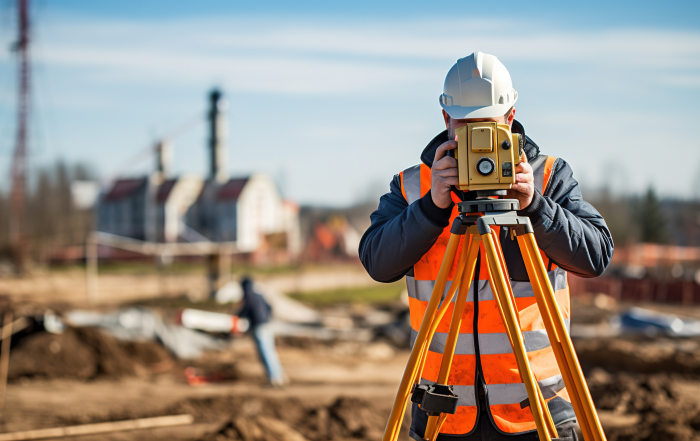 Surveyor builder Engineer with theodolite transit equipment at construction site outdoors during surveying work with generative ai