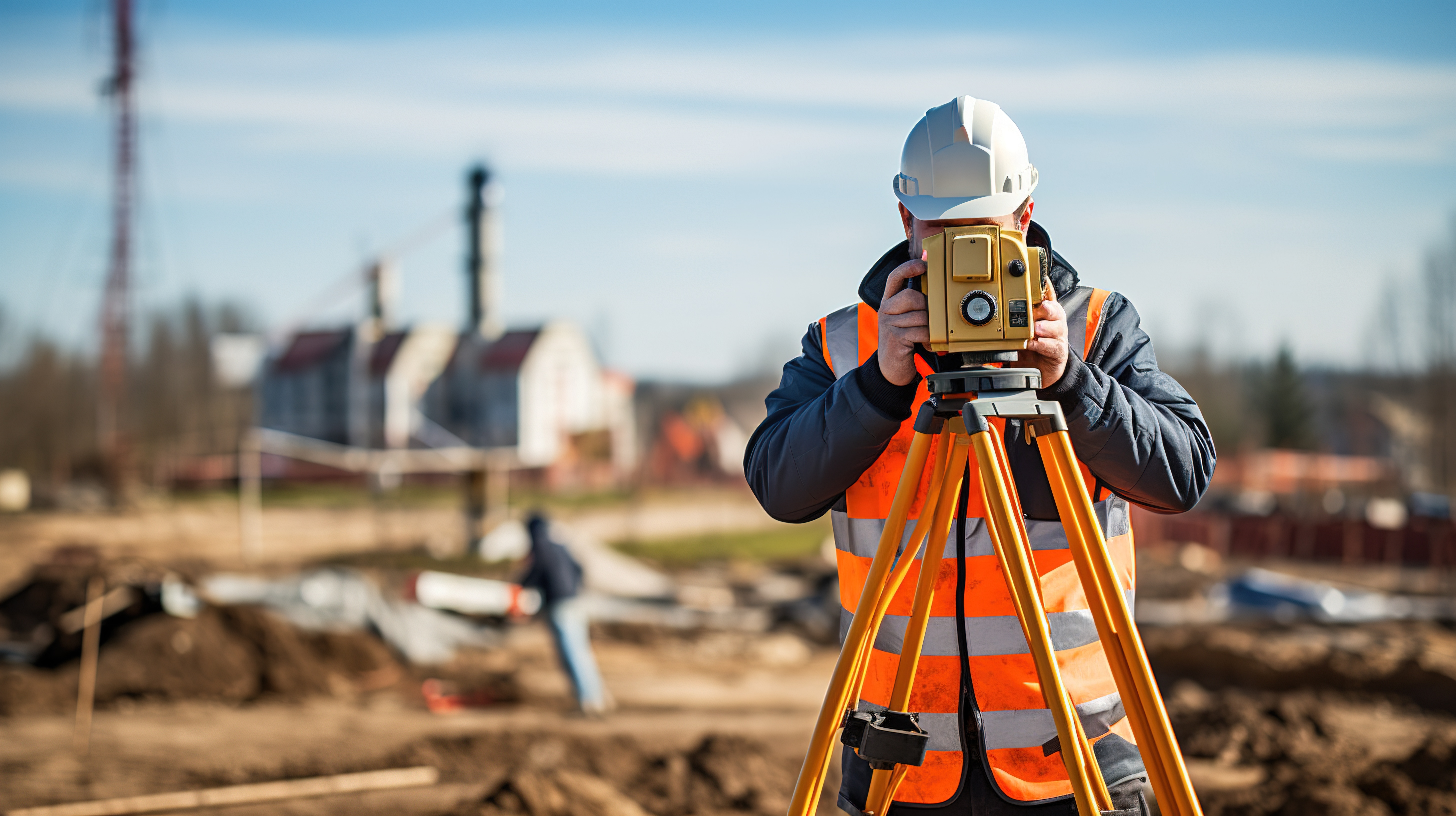 Surveyor builder Engineer with theodolite transit equipment at construction site outdoors during surveying work with generative ai