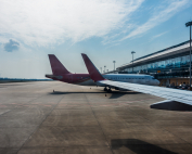 planes on runway in modern airport of China.